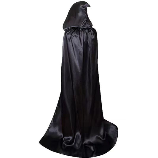 Adult Black Satin Grim Reaper Hooded Cloak Halloween Costume