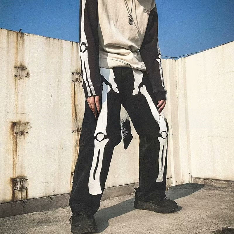 Men's Printed Skull Graphic Loose Straight Leg Denim Jeans