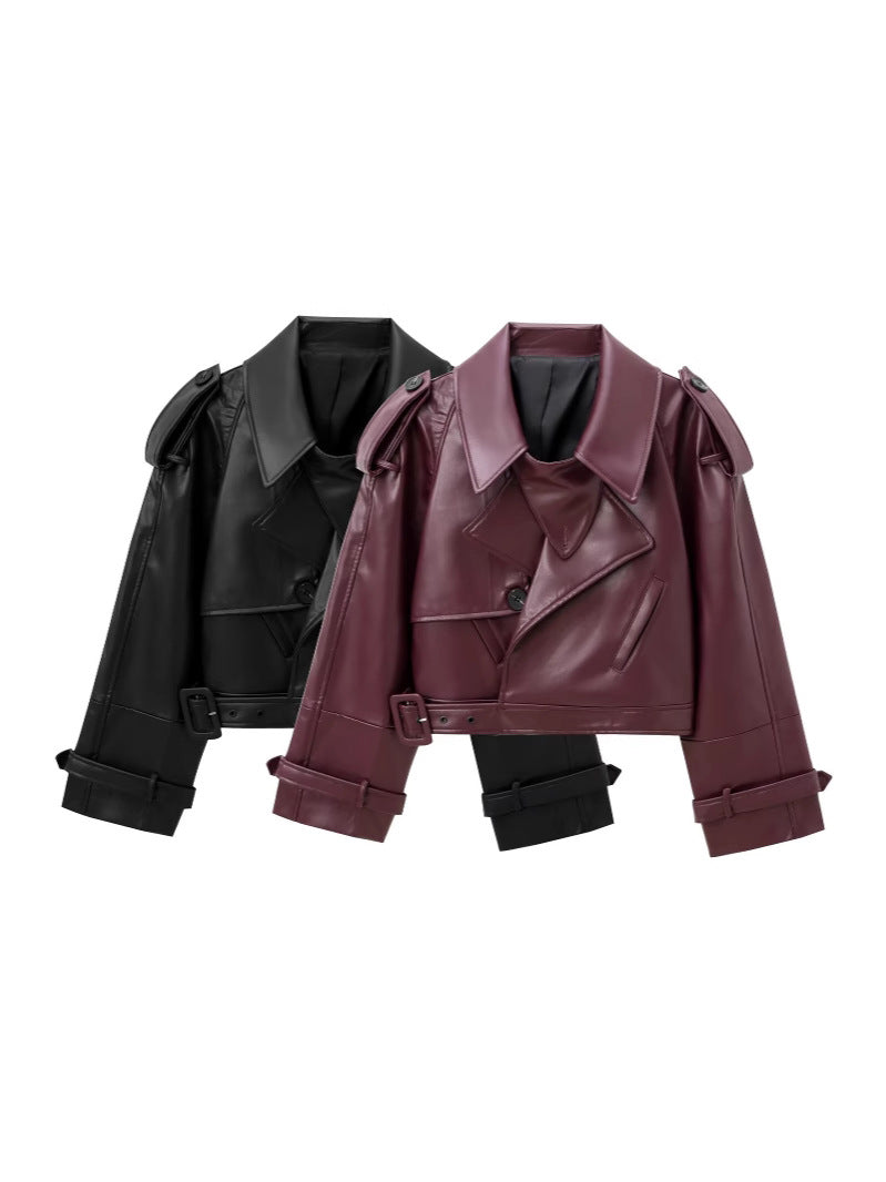 Women's Short Biker Jacket with 3D Texture Raglan Sleeve Lapel Coat
