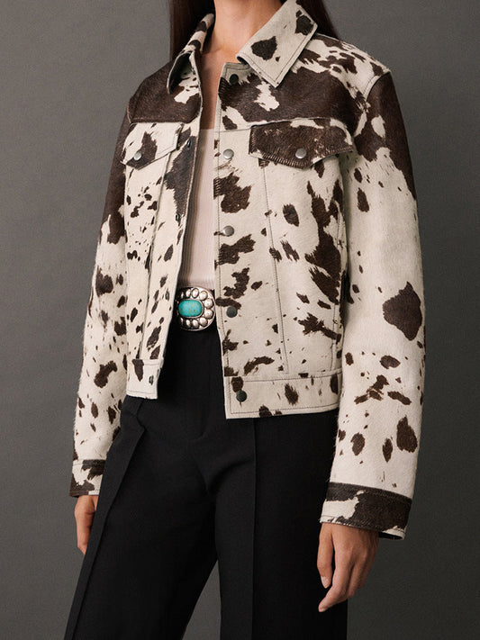 Womens Lapel Denim Jacket with Irregular Pattern