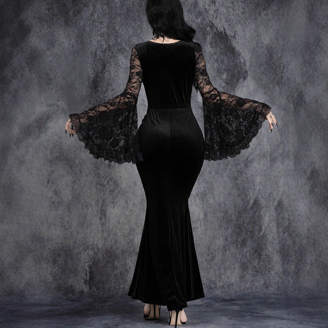 Halloween Gothic Style Lace Patchwork Waist-Cinched Flare Sleeve Dress