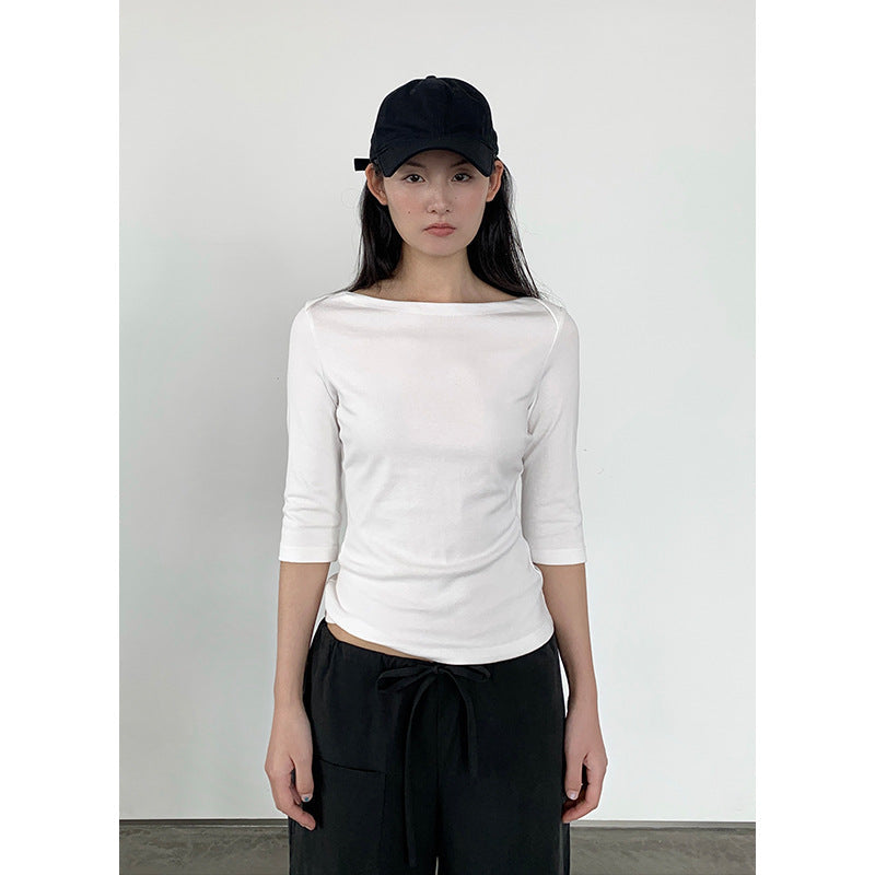 Retro Boat Neck Slim Fit Cotton Blend Three-Quarter Sleeve Top