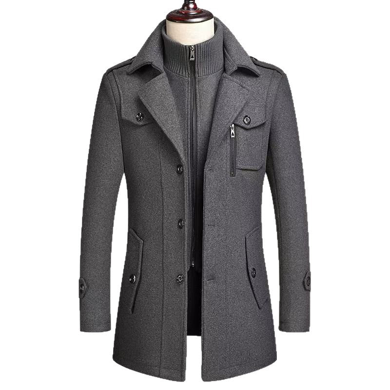 Men's Warm Double-Collar Woolen Coat with Loose Fit and Zip Closure