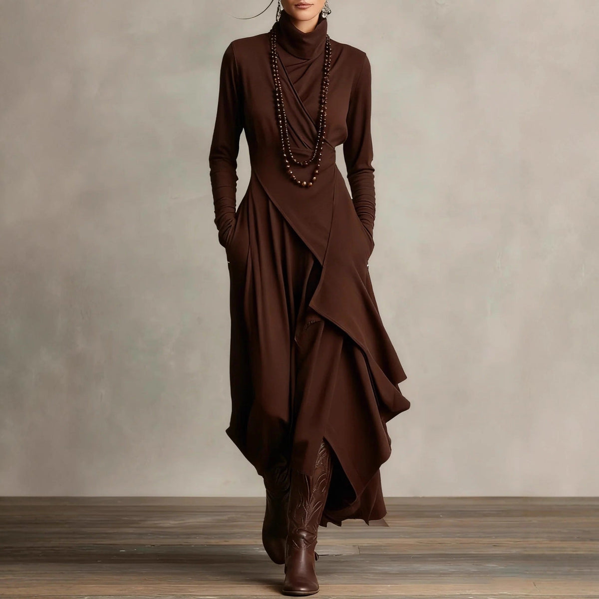 Women's Solid Color Long Sleeve A-Line Knitted Maxi Dress with Half Turtleneck