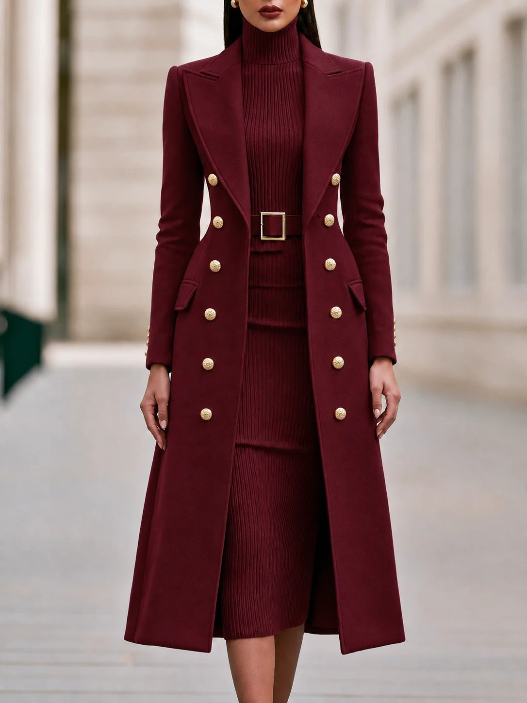 Women's Double-Breasted Woolen Coat and Knitted Dress Two-Piece Set