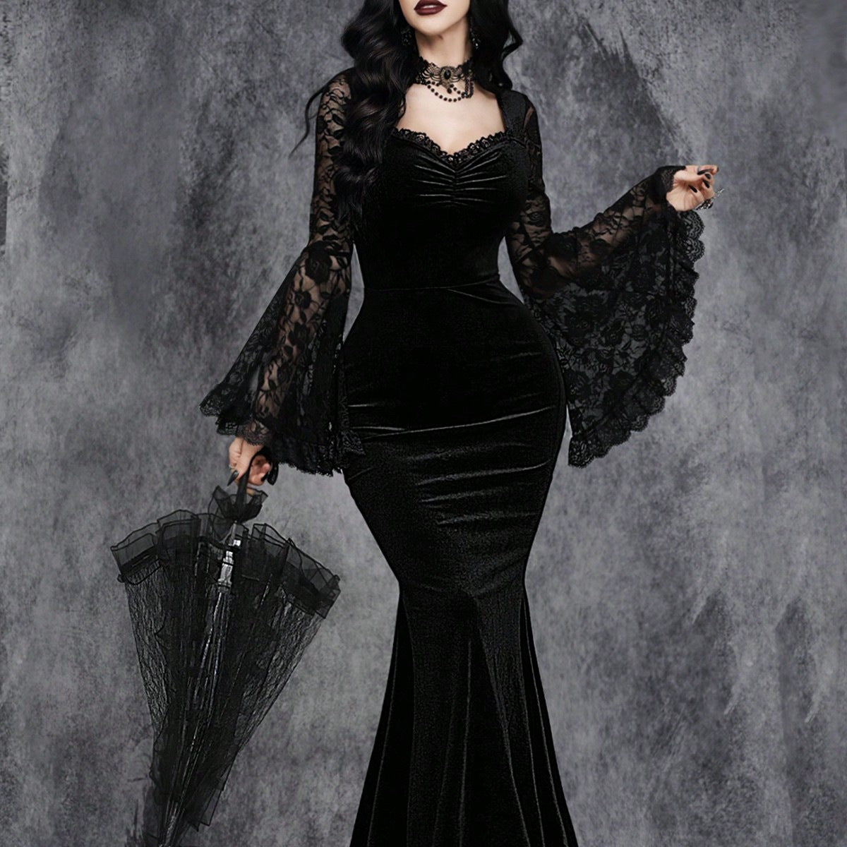 Halloween Gothic Style Lace Patchwork Waist-Cinched Flare Sleeve Dress