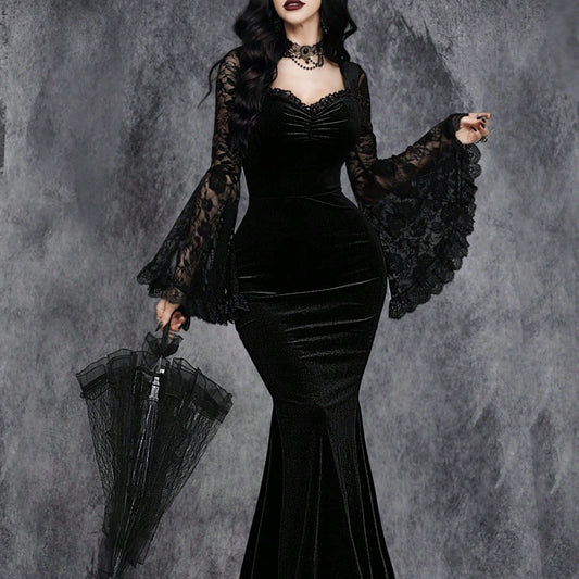 Halloween Gothic Style Lace Patchwork Waist-Cinched Flare Sleeve Dress