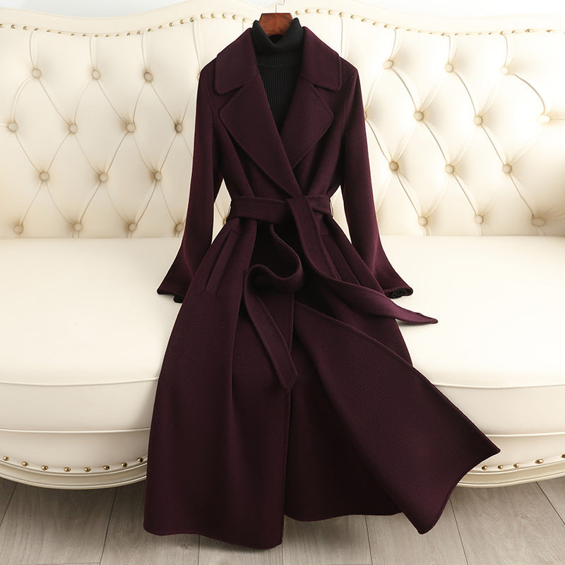 Women's Double-Sided 100% Wool Long Over-The-Knee Coat with Suit Collar