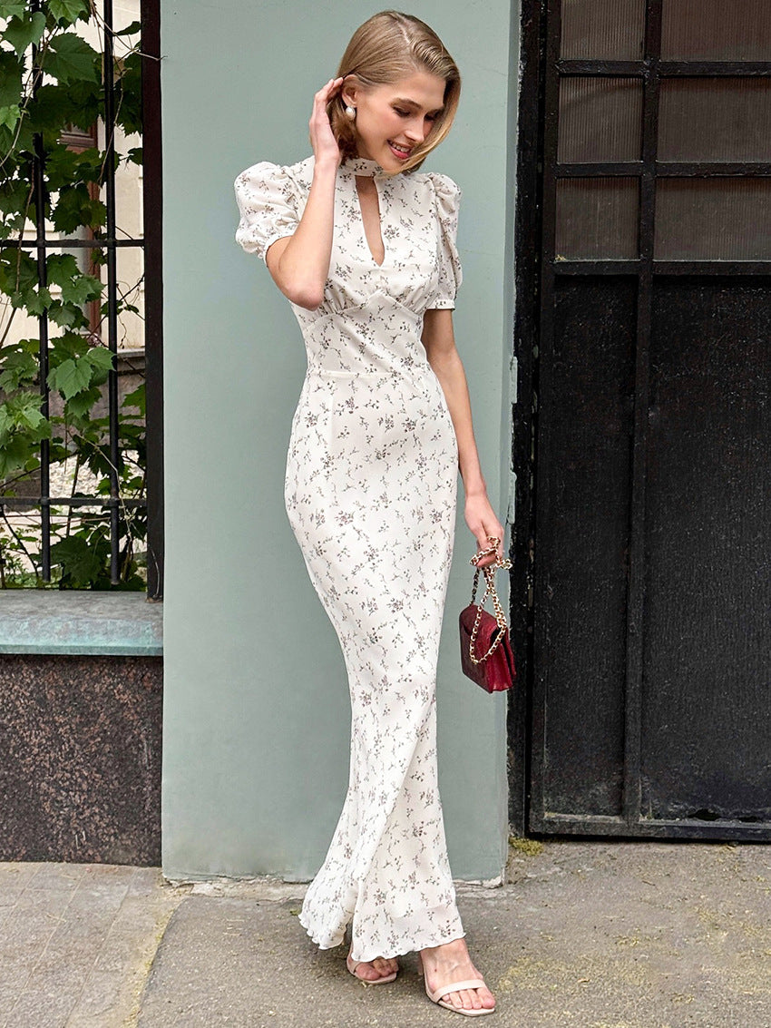 Women's Floral Print Deep V-Neck High-Waist Long Dress
