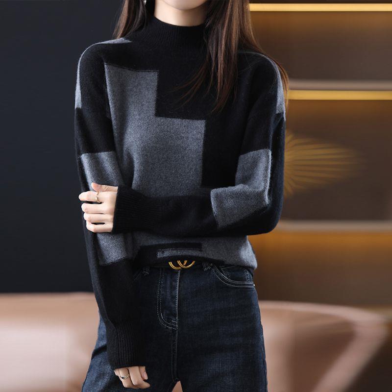 Women's Loose Knitted Sweater with Princess Sleeves and Half Turtleneck