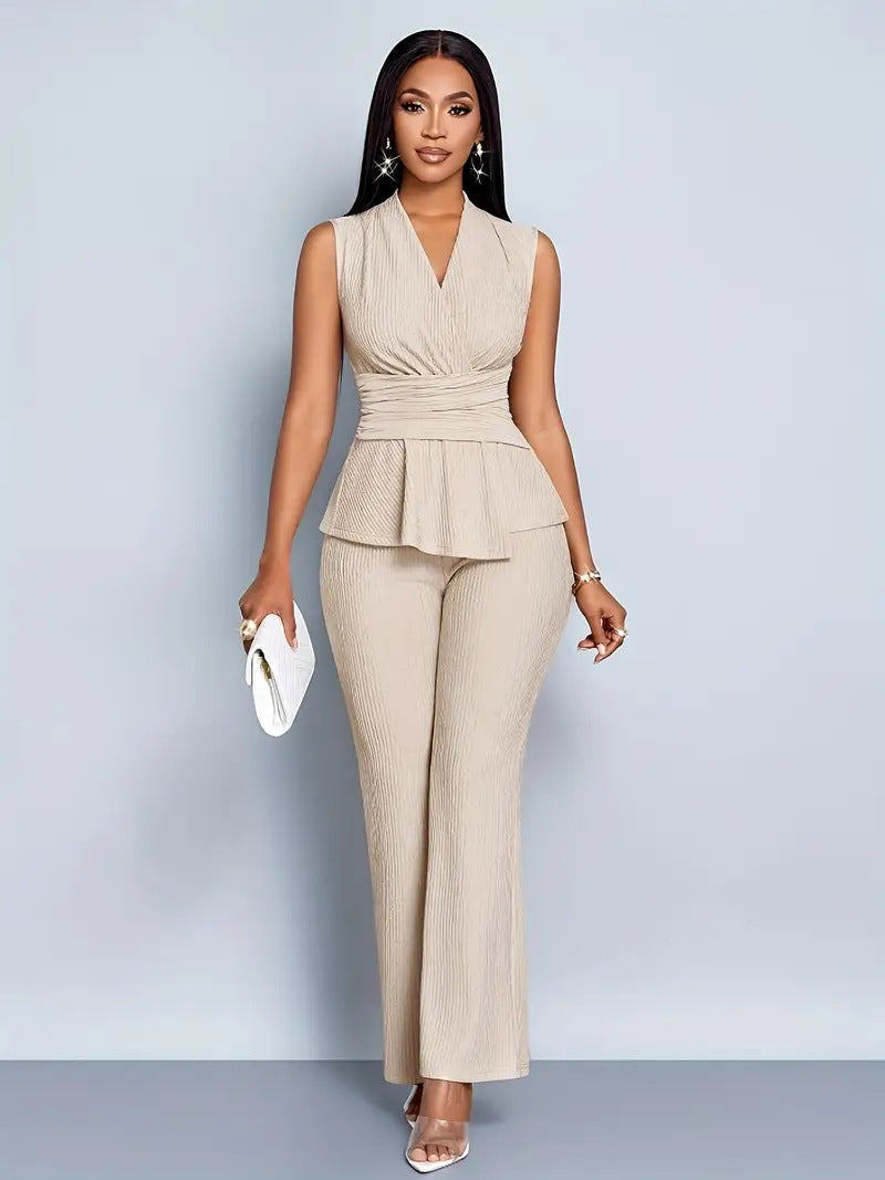 Womens Sleeveless V-Neck Top and Wide-Leg Pants Set