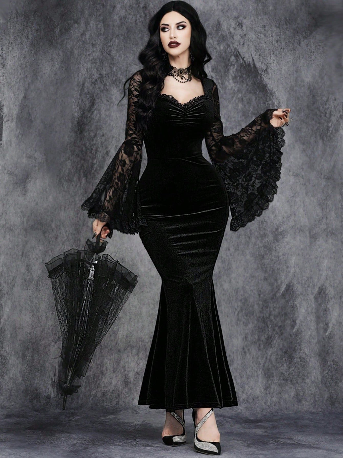 Halloween Gothic Style Lace Patchwork Waist-Cinched Flare Sleeve Dress
