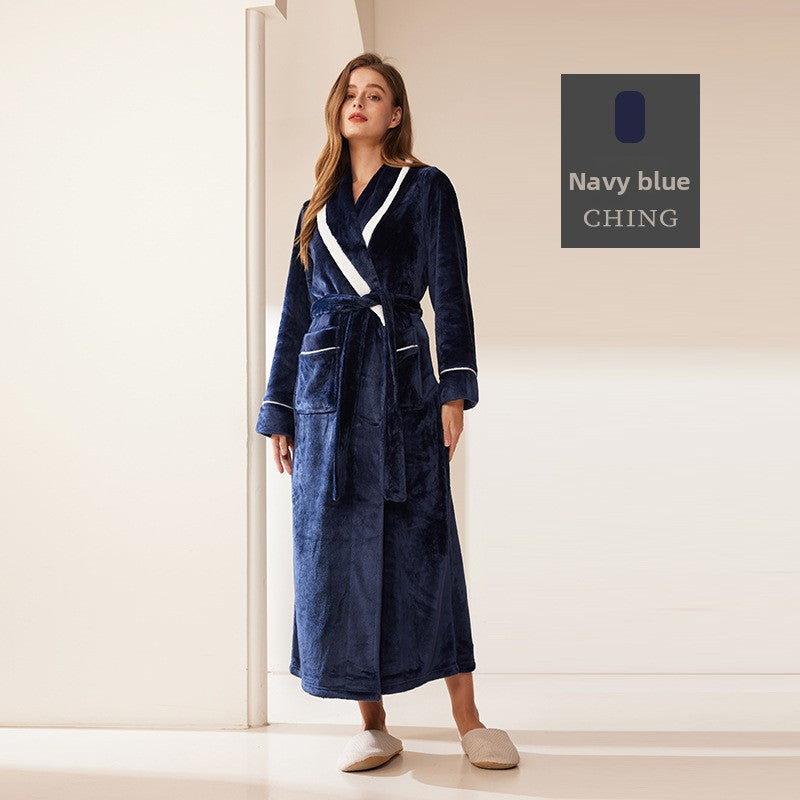 Thickened Long Coral Velvet Flannel Bathrobe for Couples