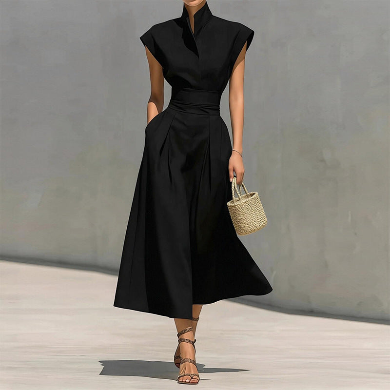 Elegant Stand Collar Flutter Sleeve Dress