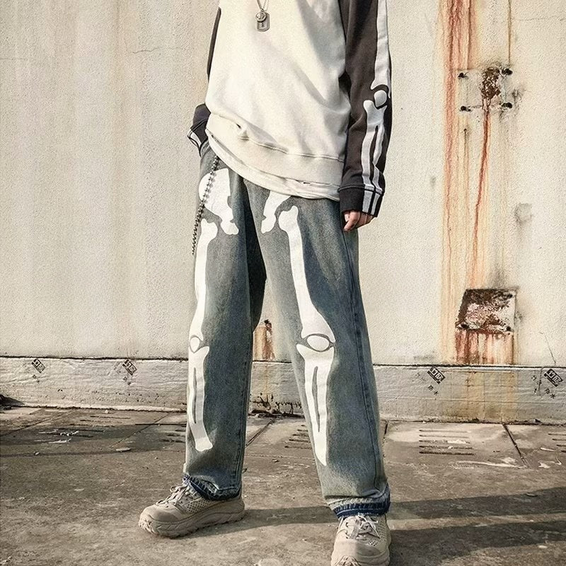 Men's Printed Skull Graphic Loose Straight Leg Denim Jeans