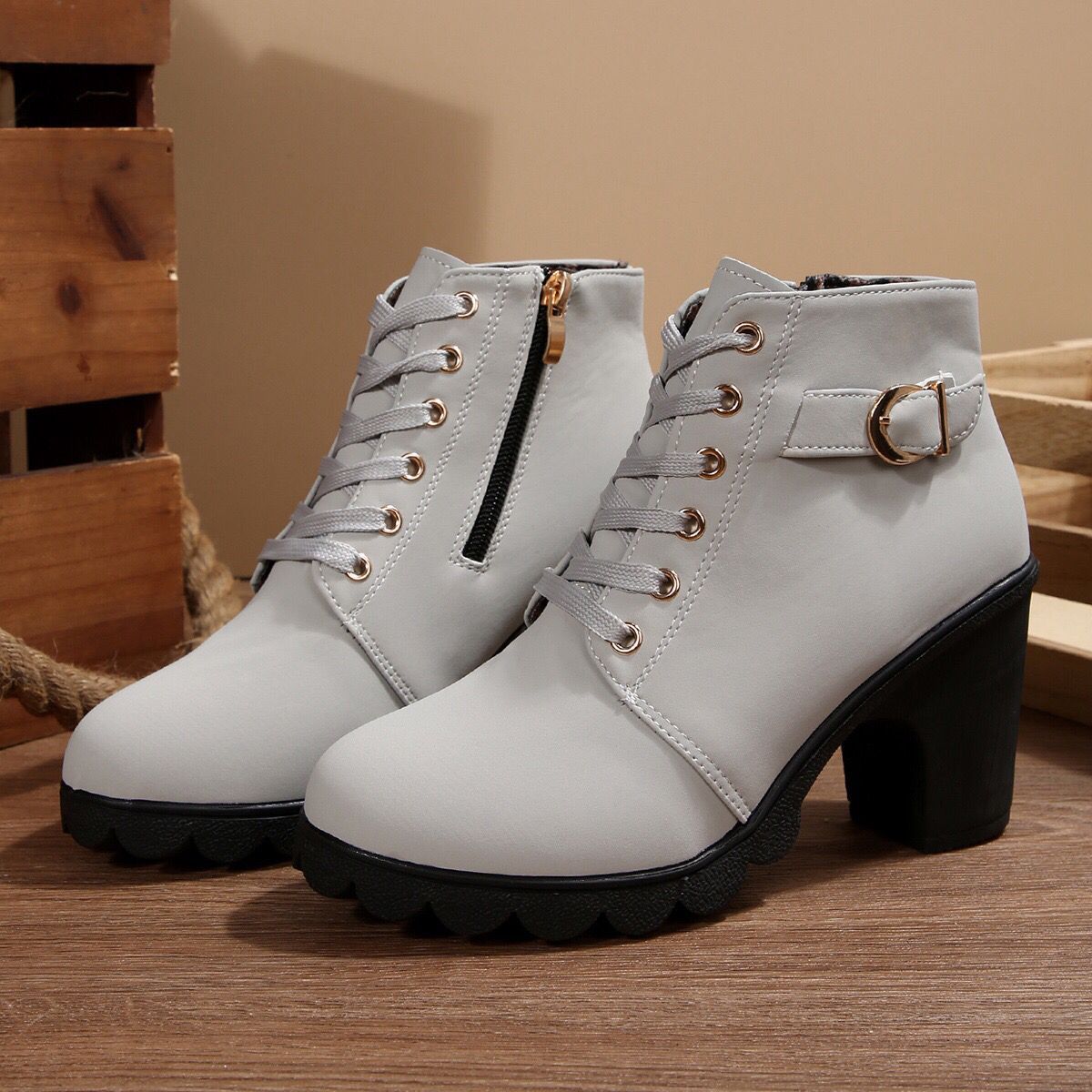 Womens High Heel Ankle Boots with Cross Strap