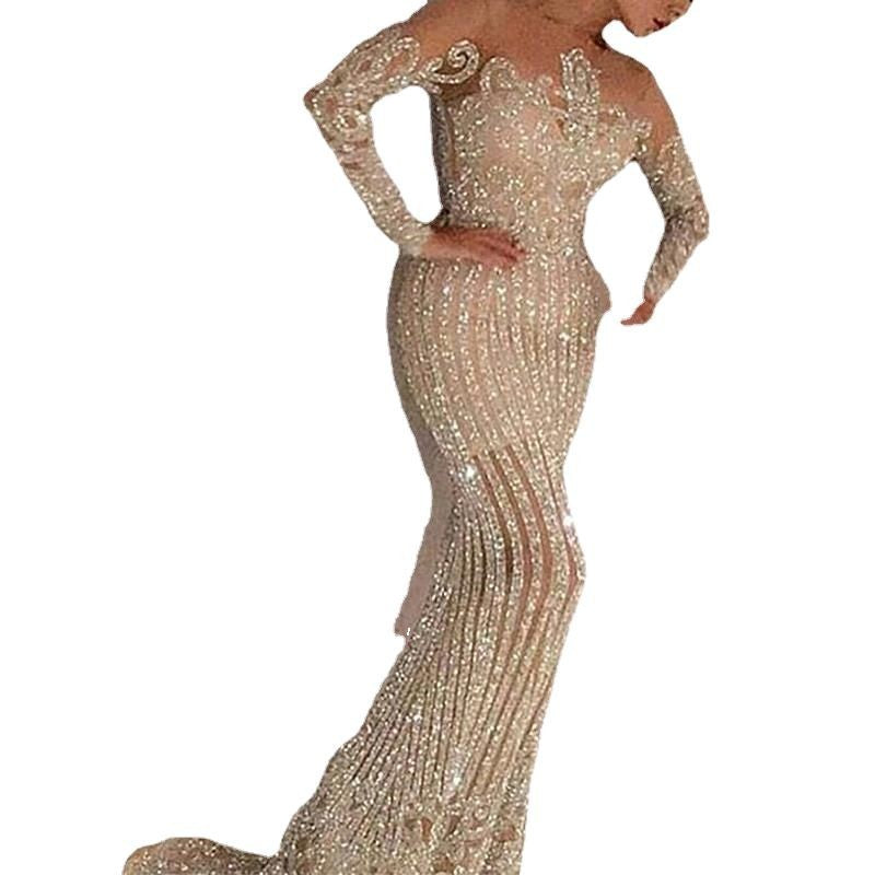 2026 Cross-Border Spring and Summer New Style Long Dress with Mid-Waist, Elegant and Suitable for Work, Sequined with Gold Accents, Slim-Fit, Gold Color, Slimming Dress