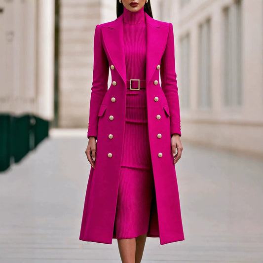 Women's Double-Breasted Woolen Coat and Knitted Dress Two-Piece Set