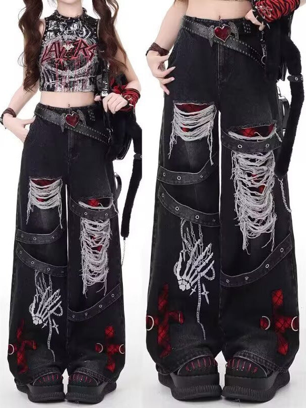 Womens Punk Style Retro Distressed Ripped Wide Leg Jeans