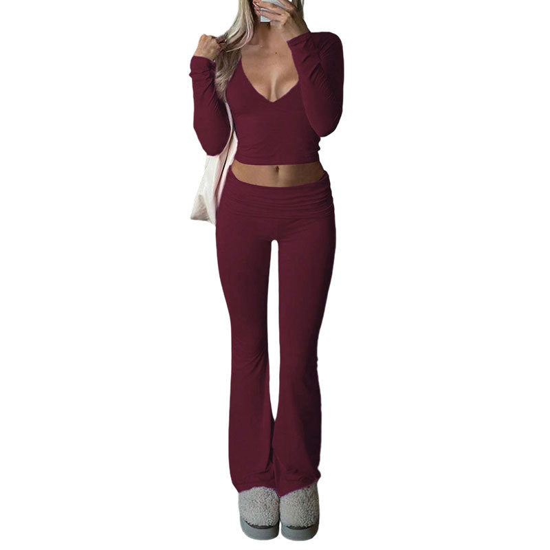 Women's Two-Piece Active Set Deep V Long Sleeve Top