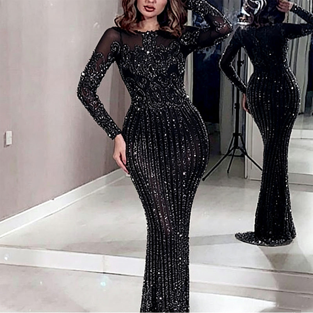 2026 Cross-Border Spring and Summer New Style Long Dress with Mid-Waist, Elegant and Suitable for Work, Sequined with Gold Accents, Slim-Fit, Gold Color, Slimming Dress