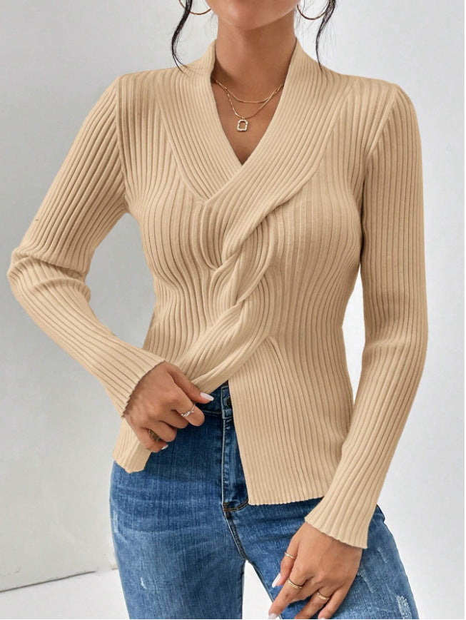 Women's Solid Color V-Neck Long Sleeve Slim Fit Knit Sweater