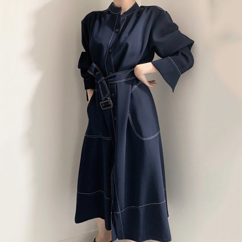 Korean Style Stand Collar Single Breasted Long Sleeve Woven Windbreaker Dress