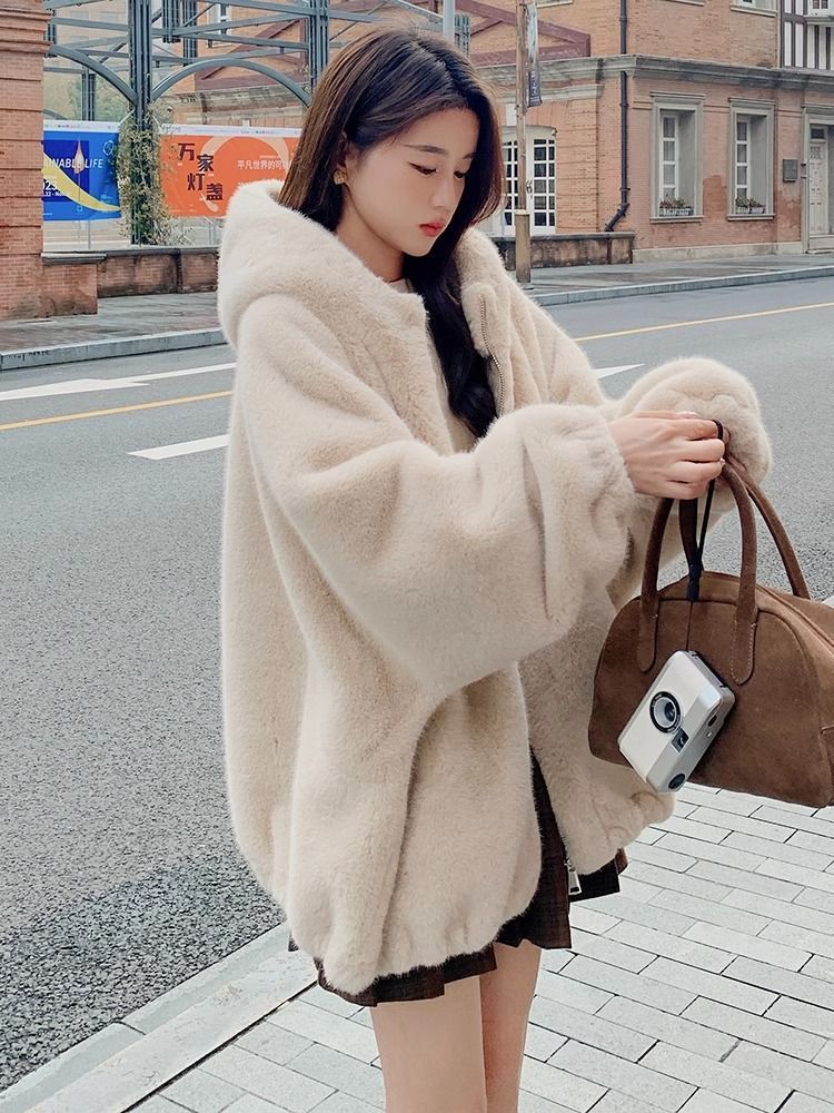 Women Short Plush Hooded Coat