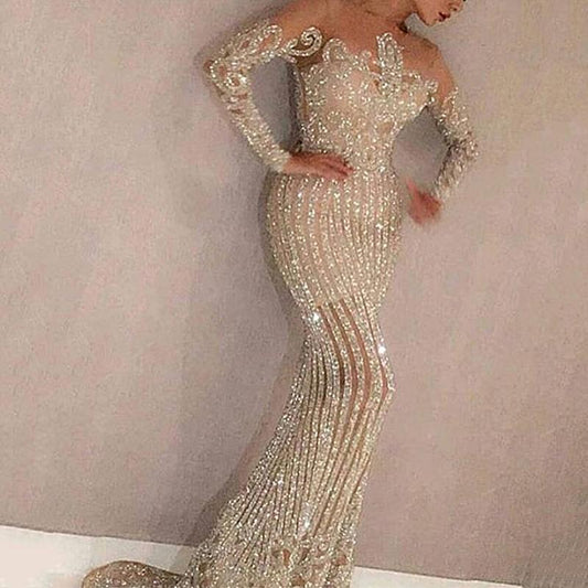 2026 Cross-Border Spring and Summer New Style Long Dress with Mid-Waist, Elegant and Suitable for Work, Sequined with Gold Accents, Slim-Fit, Gold Color, Slimming Dress