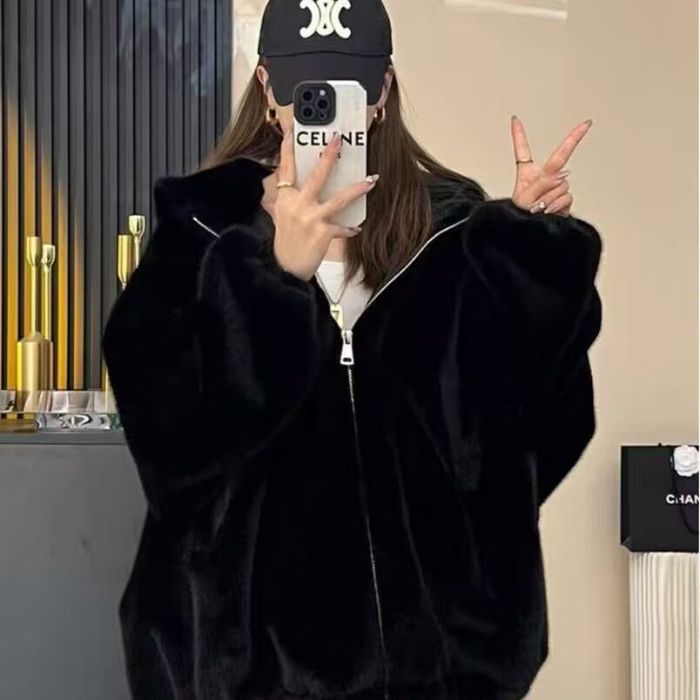 Women Short Plush Hooded Coat