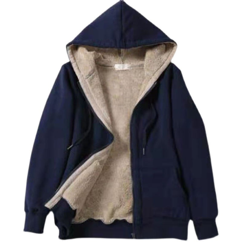 Women Plus Size Plush Hooded Sweatshirt Zip Up Long Sleeve Loose Solid Jacket