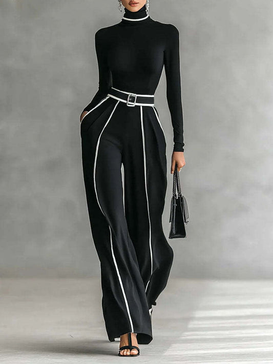 Elegant Stand-Up Collar Contrast Trim Two-Piece Knit Top and Wide-Leg Pants Set