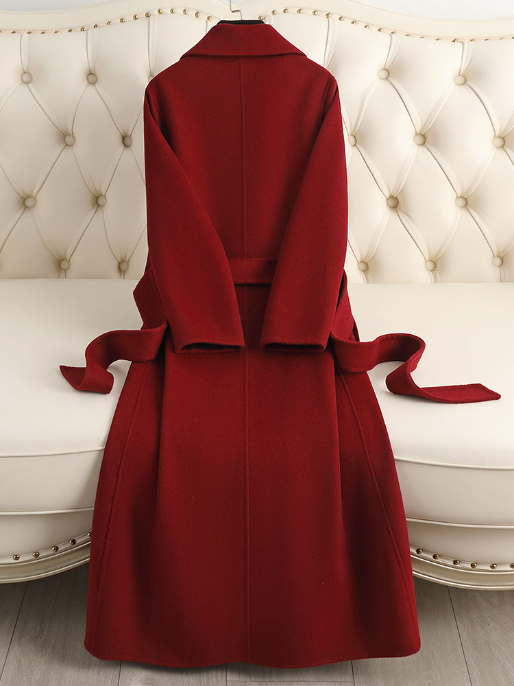 Women's Double-Sided 100% Wool Long Over-The-Knee Coat with Suit Collar
