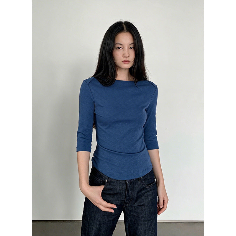 Retro Boat Neck Slim Fit Cotton Blend Three-Quarter Sleeve Top