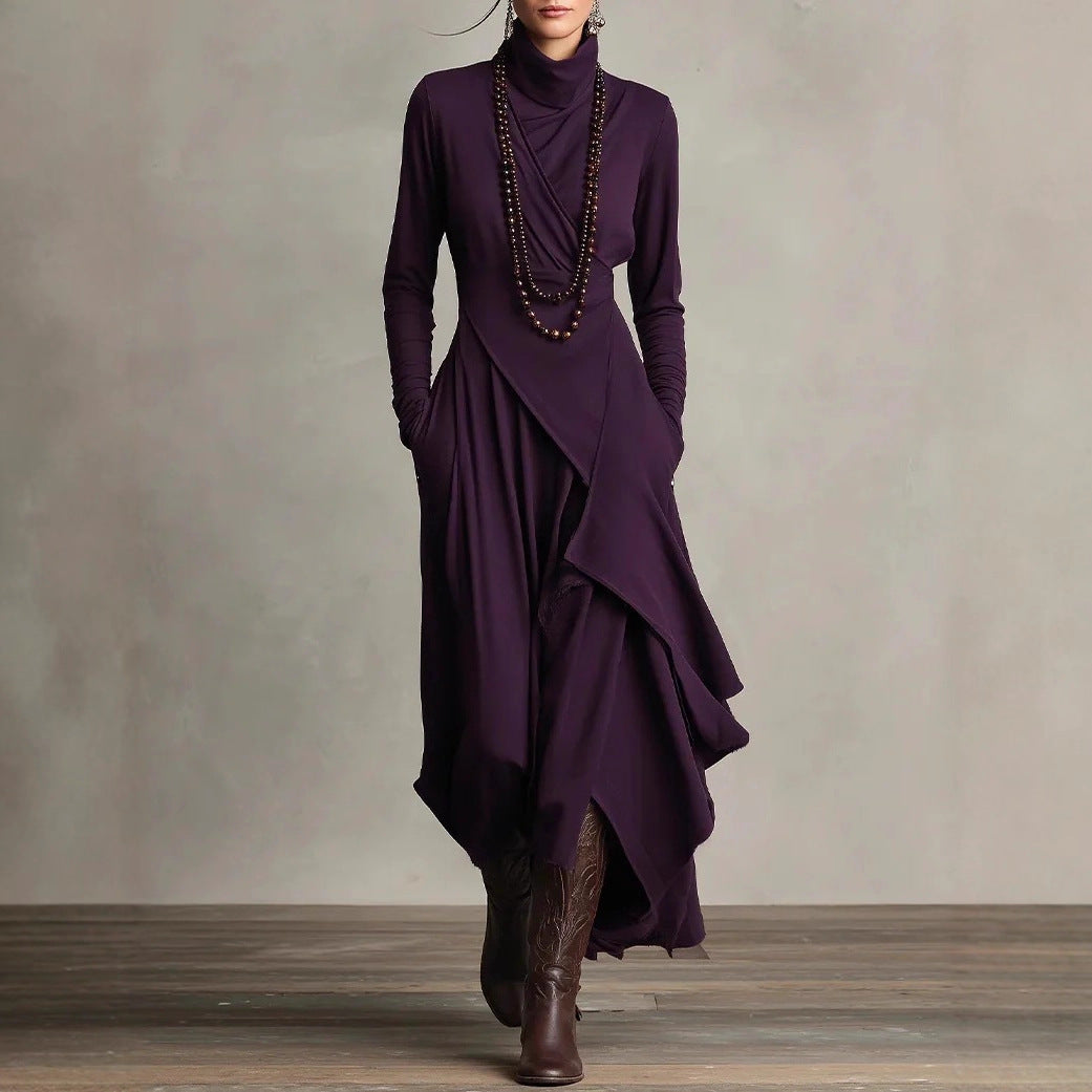 Women's Solid Color Long Sleeve A-Line Knitted Maxi Dress with Half Turtleneck
