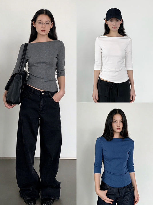 Retro Boat Neck Slim Fit Cotton Blend Three-Quarter Sleeve Top