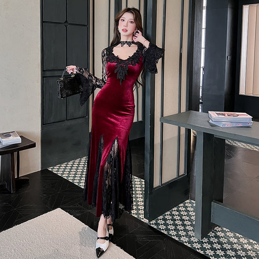 Womens Velvet Gothic Dress Lace Long Sleeve V-Neck Maxi Swing Dress