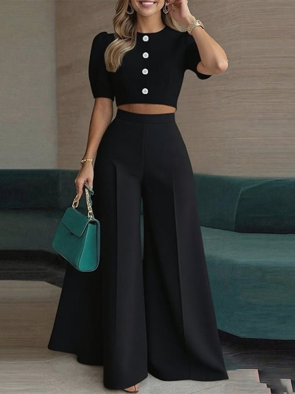 Women's Two-Piece Set Short Top Wide Leg Pants Casual Elegant Summer