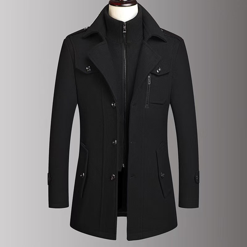 Men's Warm Double-Collar Woolen Coat with Loose Fit and Zip Closure