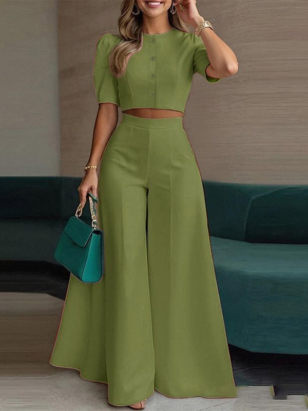 Women's Two-Piece Set Short Top Wide Leg Pants Casual Elegant Summer