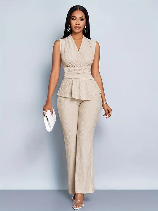 Womens Sleeveless V-Neck Top and Wide-Leg Pants Set