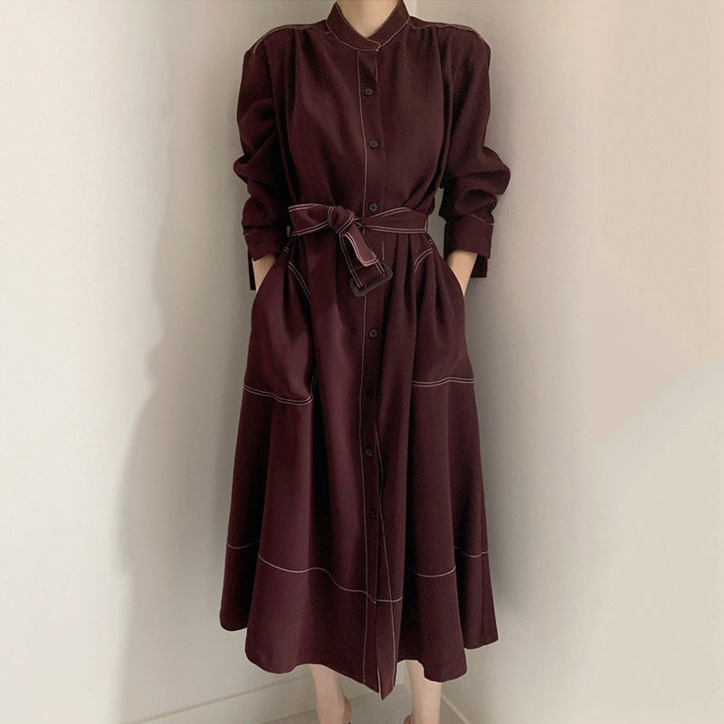 Korean Style Stand Collar Single Breasted Long Sleeve Woven Windbreaker Dress