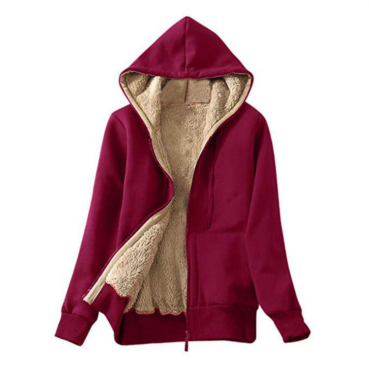 Women Plus Size Plush Hooded Sweatshirt Zip Up Long Sleeve Loose Solid Jacket