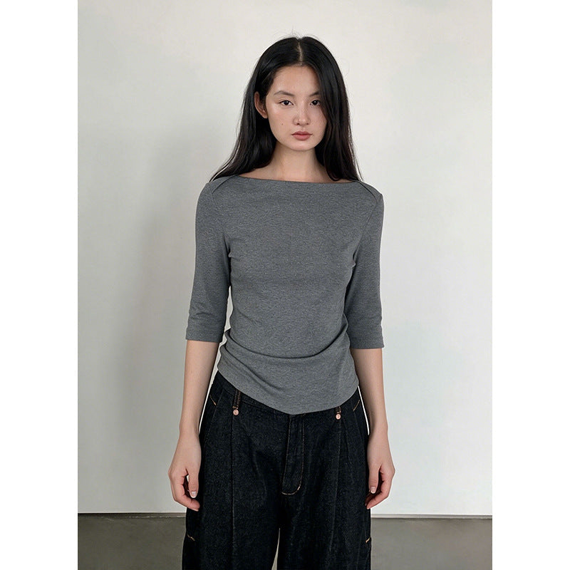 Retro Boat Neck Slim Fit Cotton Blend Three-Quarter Sleeve Top