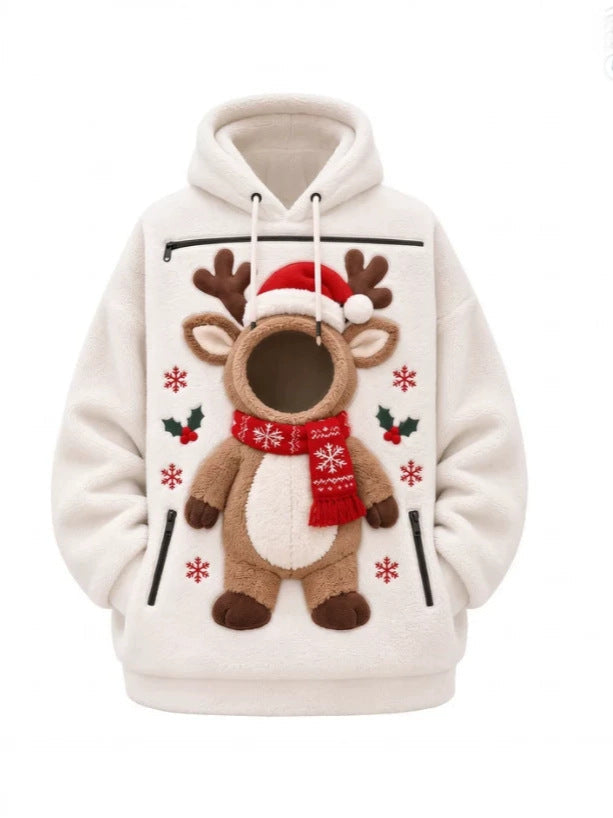 Mens Winter Warm Polar Fleece Lined Hoodie with 3D Printed Christmas Pattern and Zipper Pocket