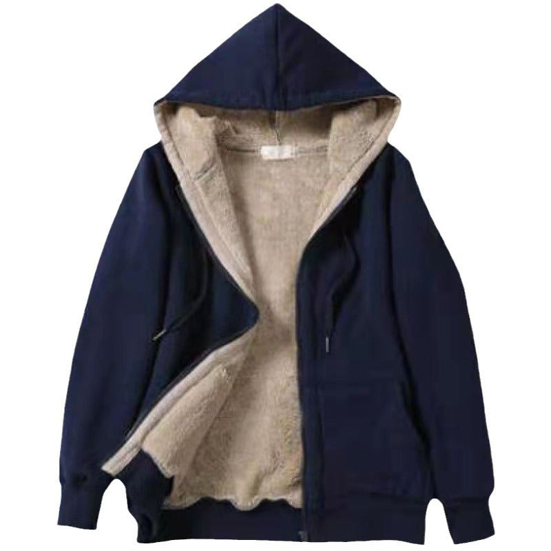 Women Plus Size Plush Hooded Sweatshirt Zip Up Long Sleeve Loose Solid Jacket