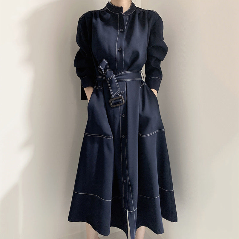 Korean Style Stand Collar Single Breasted Long Sleeve Woven Windbreaker Dress