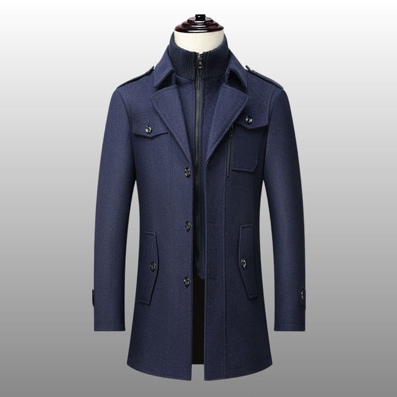 Men's Warm Double-Collar Woolen Coat with Loose Fit and Zip Closure
