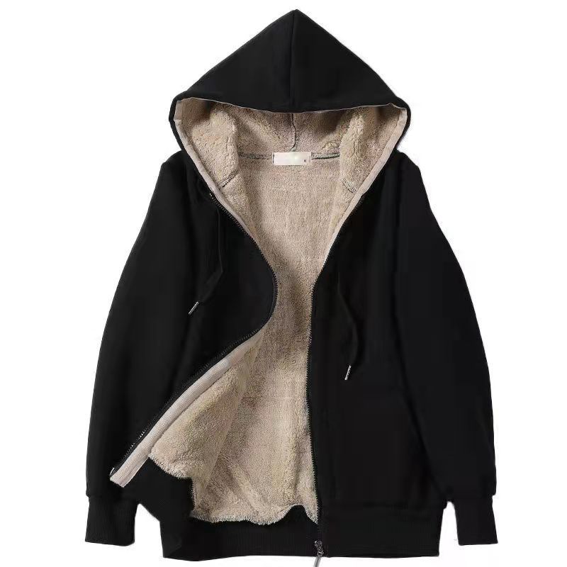 Women Plus Size Plush Hooded Sweatshirt Zip Up Long Sleeve Loose Solid Jacket