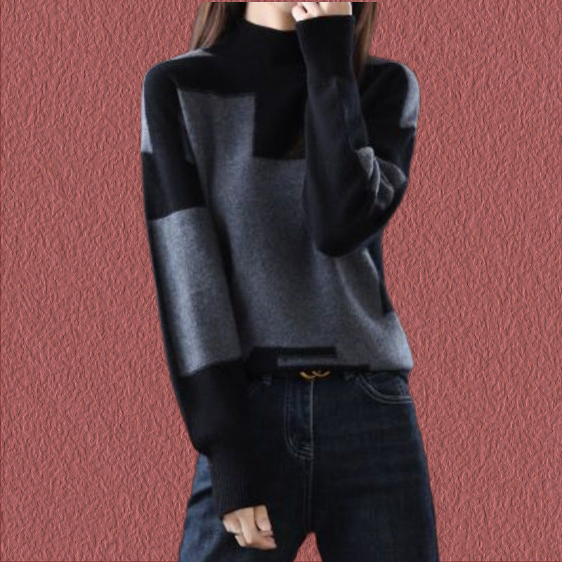 Women's Loose Knitted Sweater with Princess Sleeves and Half Turtleneck